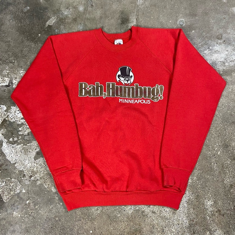 Vintage 80s Minnesota Christmas Carol Sweatshirt Size XL Red Pullover Bah Humbug